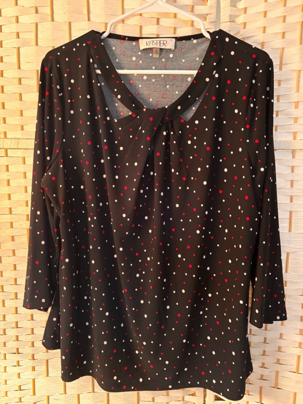Kasper Black Tie-Neck Blouse with Red & White Polka Dots
